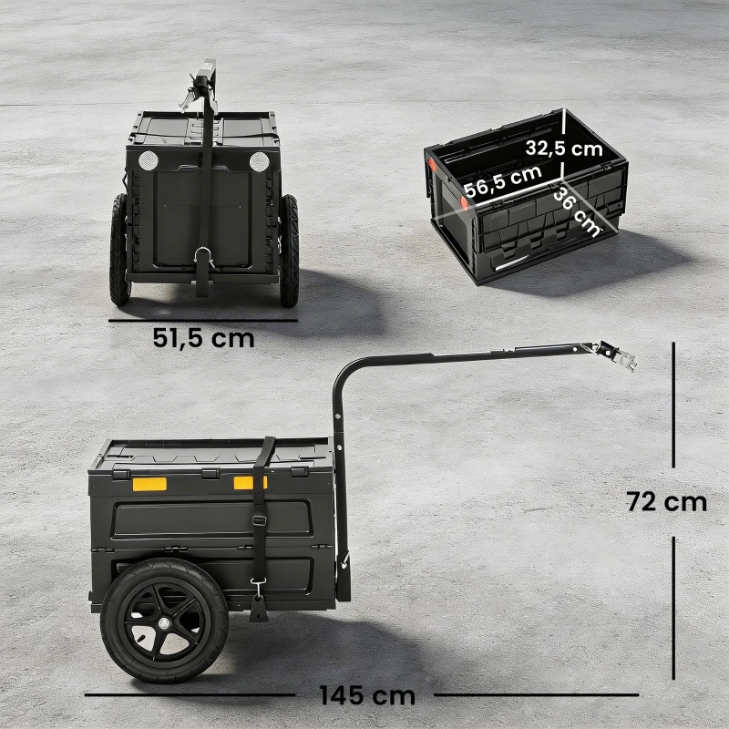 SPORTNOW Remorque Vélo Cargo Chariot de Transport Pliable Caisse Plastique 65L Couvercle Dégagement Rapide 145x51,5x72cm Noir