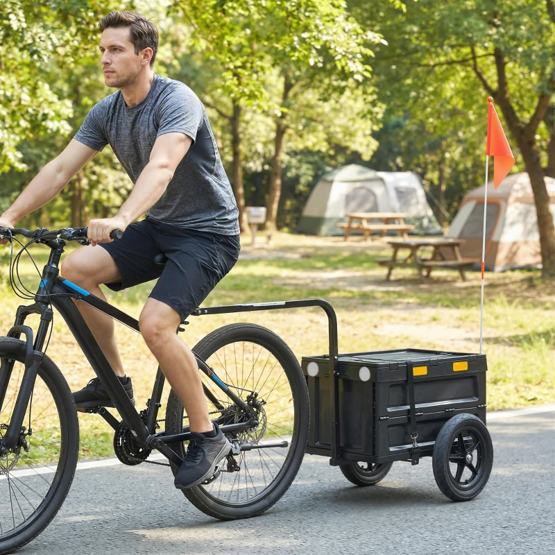 SPORTNOW Remorque Vélo Cargo Chariot de Transport Pliable Caisse Plastique 65L Couvercle Dégagement Rapide 145x51,5x72cm Noir