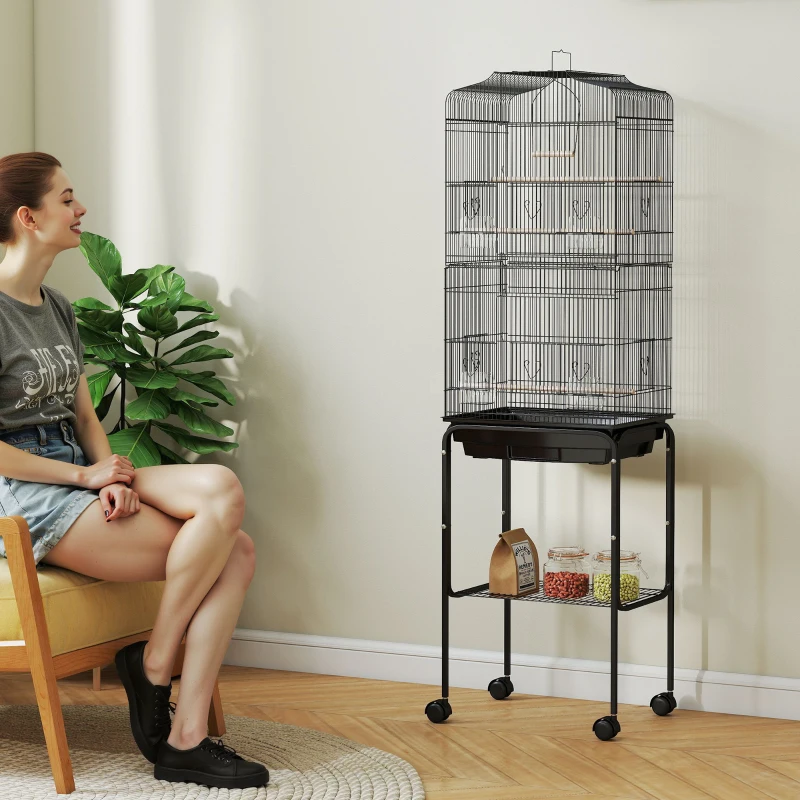 PawHut Cage à oiseaux sur pied volière oiseaux sur roulettes toit ouvrant 3 perchoirs étagère inférieure 46,5x36x157cm noir