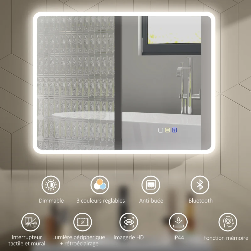 HOMCOM Miroir salle de bain LED bluetooth 70 x 90 cm interrupteur tactile lumière réglable 3 couleurs anti-buée mémoire argent