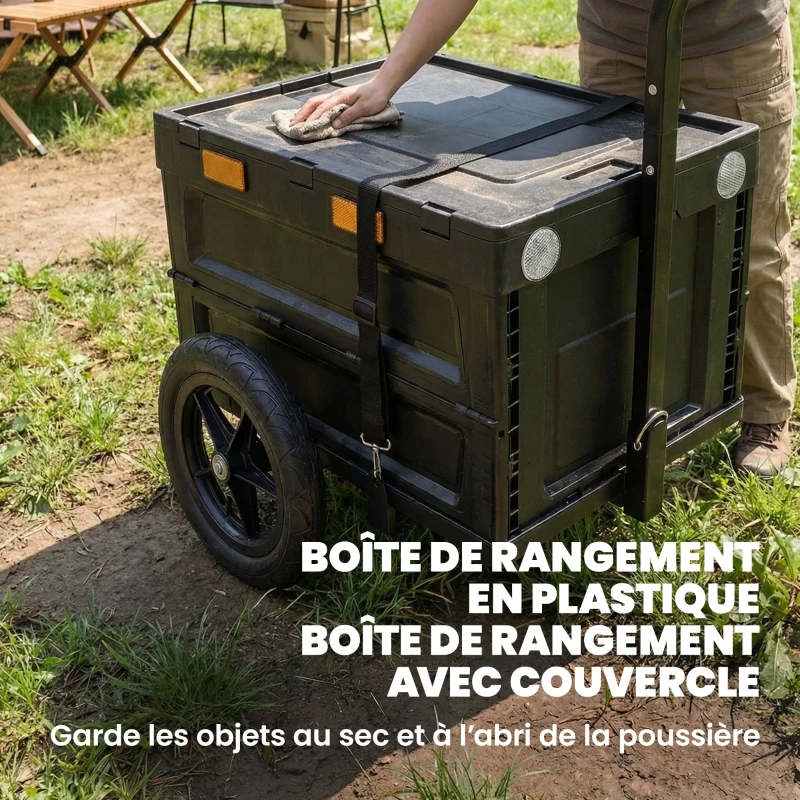 SPORTNOW Remorque Vélo Cargo Chariot de Transport Pliable Caisse Plastique 65L Couvercle Dégagement Rapide 145x51,5x72cm Noir