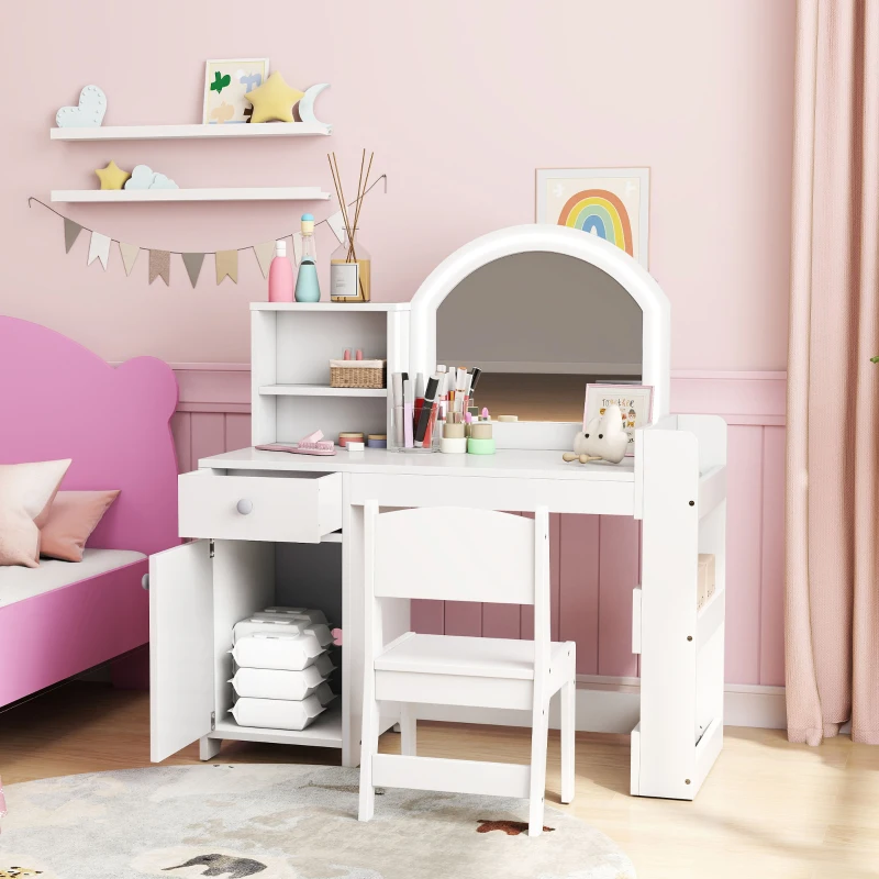 AIYAPLAY Set Toeletta Trucco per Bambini 2 in 1 con Specchio, Sedia, Luce LED, Armadietto, Scaffali e Libreria, Bianco