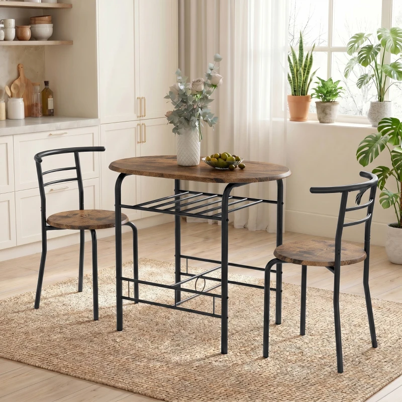 HOMCOM Conjunto de Comedor 3 Piezas Mesa de Cocina y Sillas para 2 Personas con Estante Salón Marrón Rústico Efecto Madera