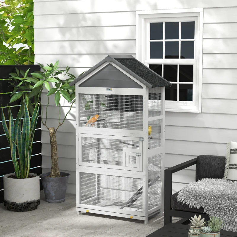 PawHut Cage à oiseaux en bois cage perroquet aire de jeux toit asphalte imperméable 92 x 52 x 171 cm gris