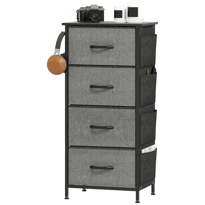 HOMCOM Kommode 4 Schubladen aus Stoff, Aufbewahrungsmöbel mit 4 Taschen, 2 Haken, Stahlgestell, 45 x 30 x 94,5 cm, grau