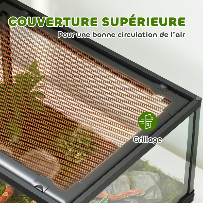 PawHut Terrarium en verre pour reptile enclos pour hamster 86 L ventilation supérieure porte coulissante 50,8x30,5x35,6cm noir