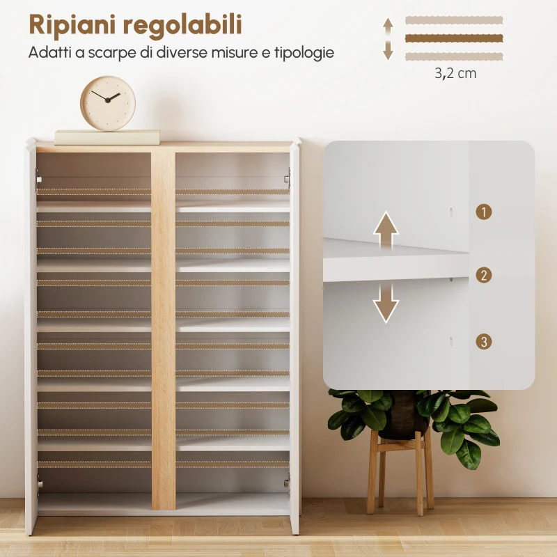 HOMCOM Mobile Portascarpe con Funzione Soft-Close, disegno a sei livelli senza maniglia, 18 paia di scarpe, per ingresso, corridoio, legno, Bianco