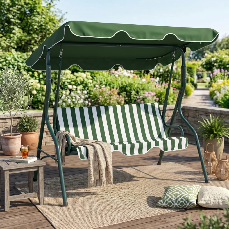 Outsunny Balancelle de Jardin 3 Places Toit imperméabilisé Inclinaison réglable Coussins Assise Dossier Vert Blanc rayé