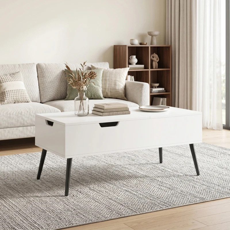 HOMCOM Mesa de Centro Elevable con Doble Tablero y Compartimento Oculto Blanco para Salón