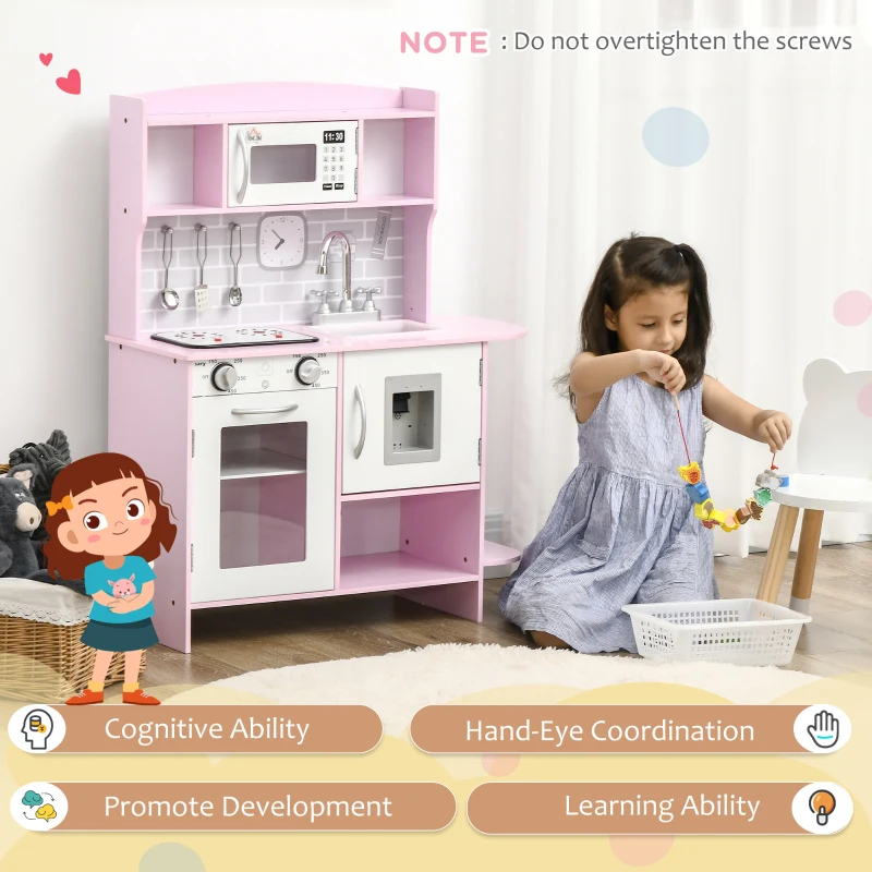 HOMCOM Cucina Giocattolo per Bambini con Fornelli, Luci e Suoni, Microonde, Età 3-6 Anni, Rosa