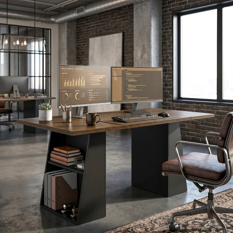 HOMCOM Escritorio con 4 Estantes Abiertos Diseño Industrial 140 cm Marrón y Negro