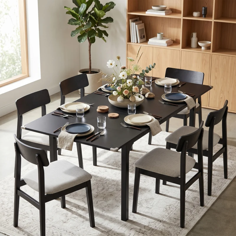 HOMCOM Table à manger extensible de 4 à 6 personnes, pieds en acier, pour petits espaces, salle à manger, noir