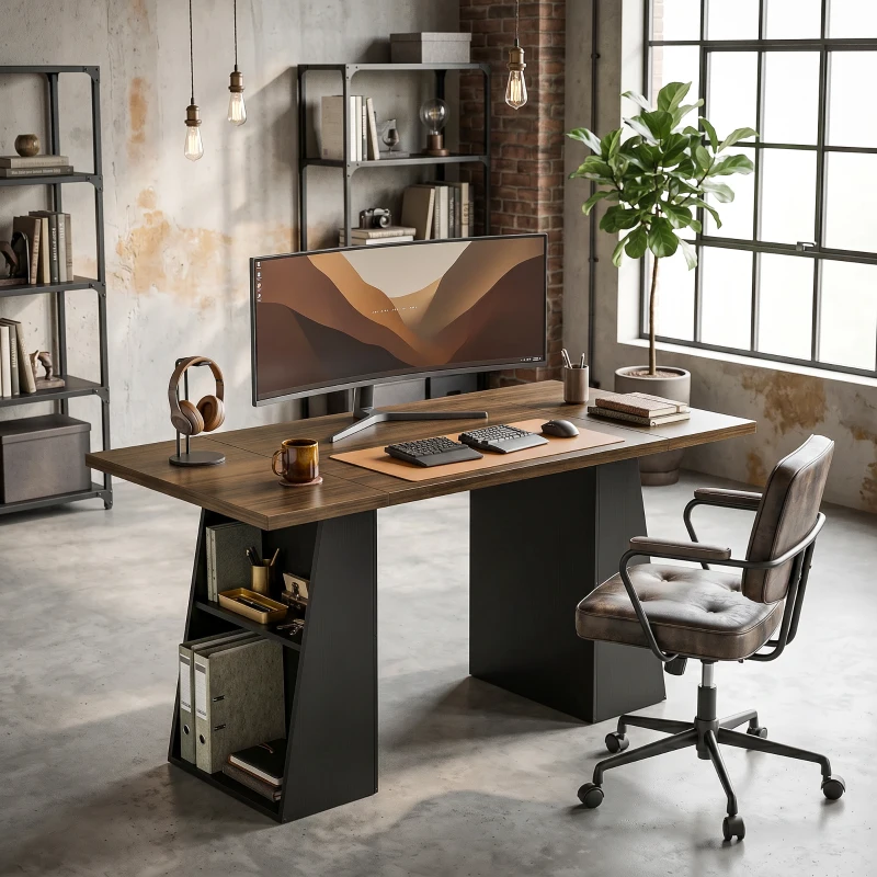 HOMCOM Escritorio con 4 Estantes Abiertos Diseño Industrial 140 cm Marrón y Negro