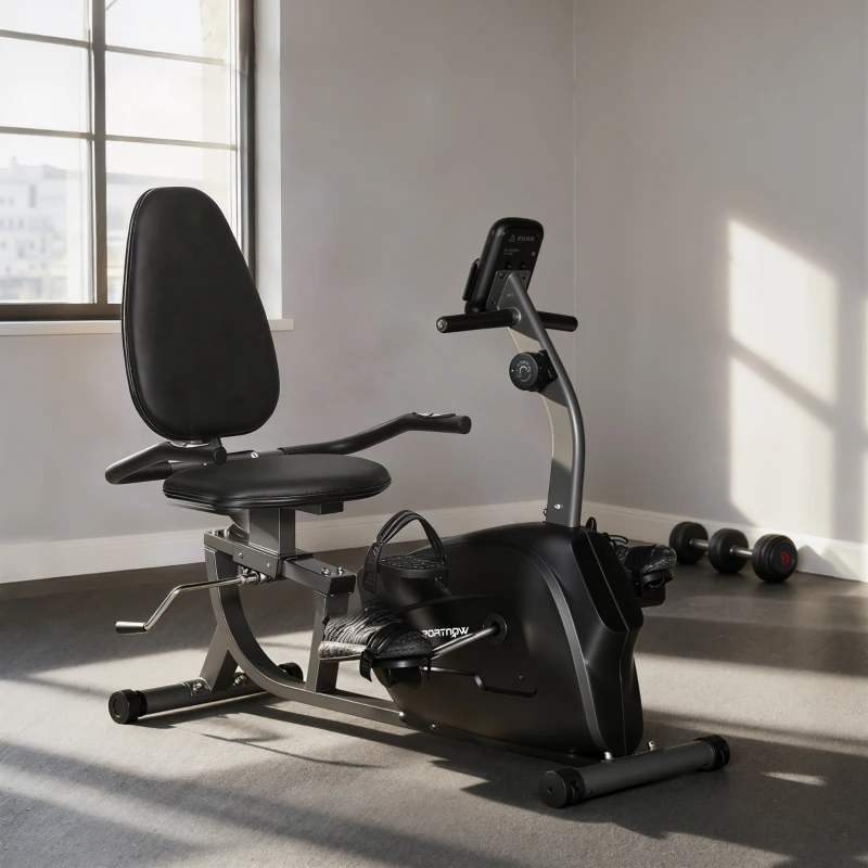 SPORTNOW Vélo d'Appartement Semi-Allongé avec Roues, Résistance Magnétique et Siège Réglable, 132x62x100cm, Noir