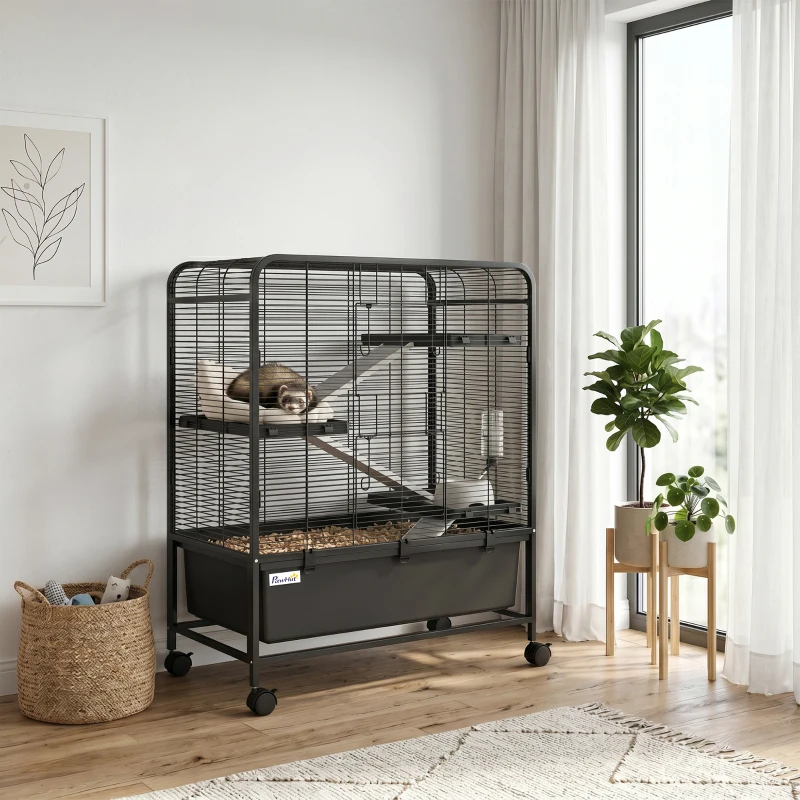 PawHut Cage pour Rongeurs sur Roulantes, 4 Niveaux, 3 Plateformes, 3 Rampes, Bouteille d'Eau, 75x46x94,5cm, Noir