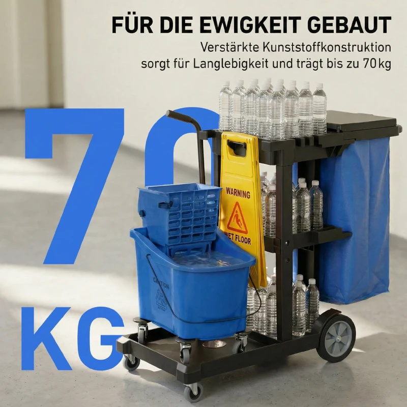 HOMCOM Reinigungskarre, Rollender Putzwagen mit 3 Ablagen, 70-Liter-Müllsack, Mop-Wringer-Eimer, Blau