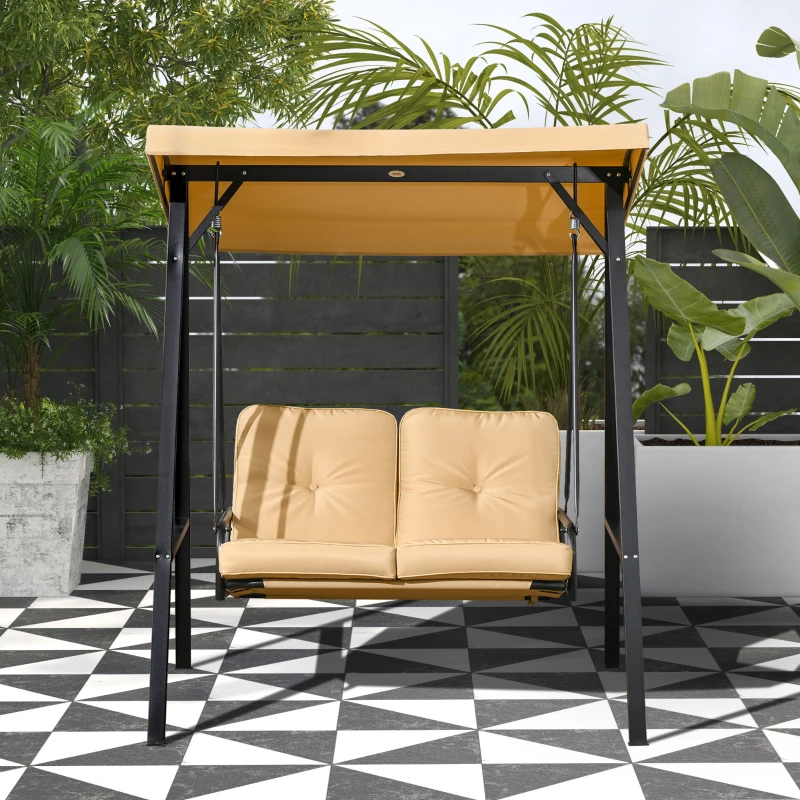 Outsunny Hollywoodschaukel, 2-Sitzer Gartenschaukel mit verstellbarem Dach, bis 220 kg belastbar, 145 x 116 x 172 cm, Beige