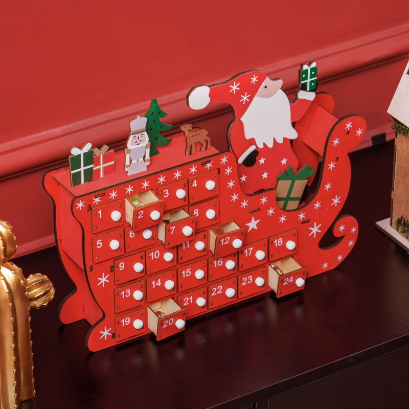 HOMCOM Calendrier de l'Avent à remplir en bois, décoration de Noël avec 24 tiroirs, Père Noël et traîneau, 22,5x8x36cm, rouge