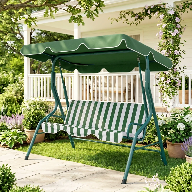 Outsunny Balancelle de Jardin 3 Places Toit imperméabilisé Inclinaison réglable Coussins Assise Dossier Vert Blanc rayé