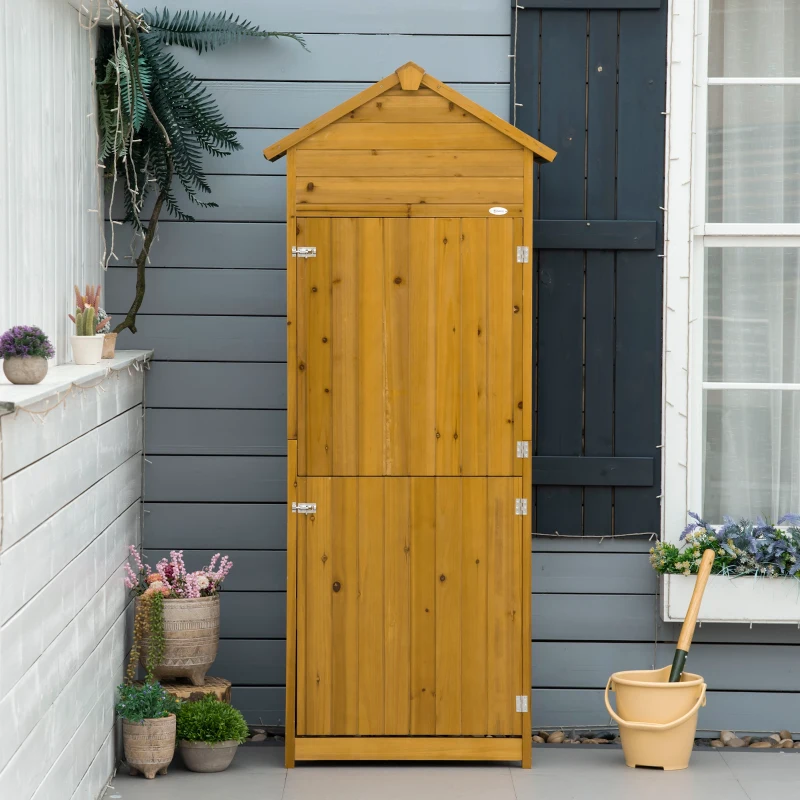 Outsunny Geräteschrank, Gartenschuppen, 2 Regale, 2 Türen, wetterfest, Naturholz, 79 x 49 x 190cm