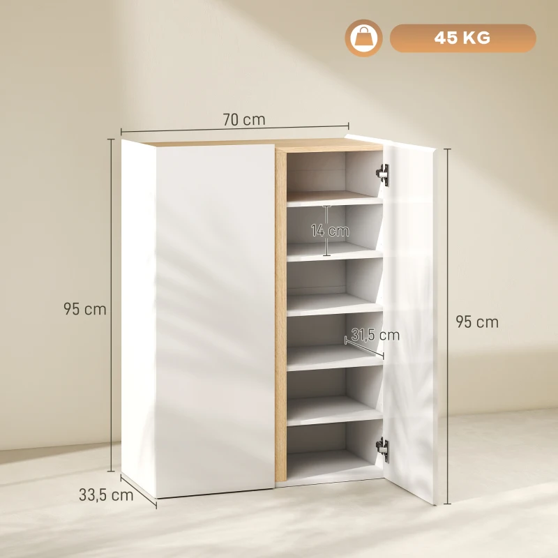 HOMCOM Mobile Portascarpe con Funzione Soft-Close, disegno a sei livelli senza maniglia, 18 paia di scarpe, per ingresso, corridoio, legno, Bianco
