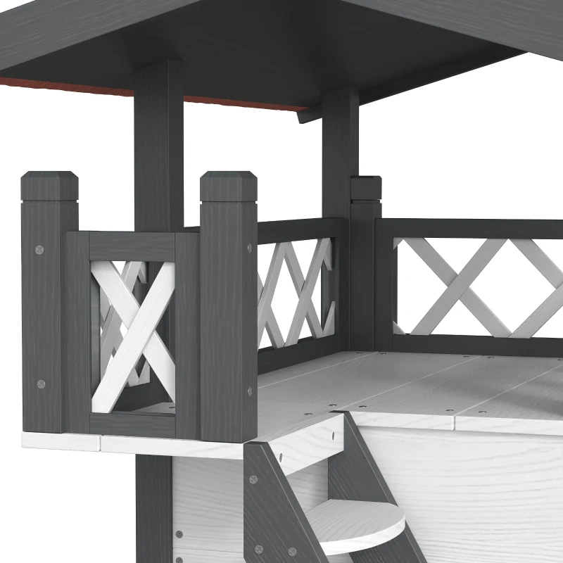 PawHut Cabane Chat Extérieur avec Terrasse, Escalier, Toit, Niche Villa, 77 x 50 x 73 cm Blanc et Rouge