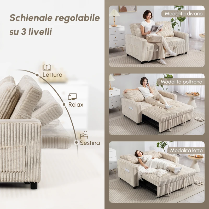 HOMCOM Divano letto 2 posti in velluto a coste con 2 cuscini e tasche laterali, 157x190 cm, Crema