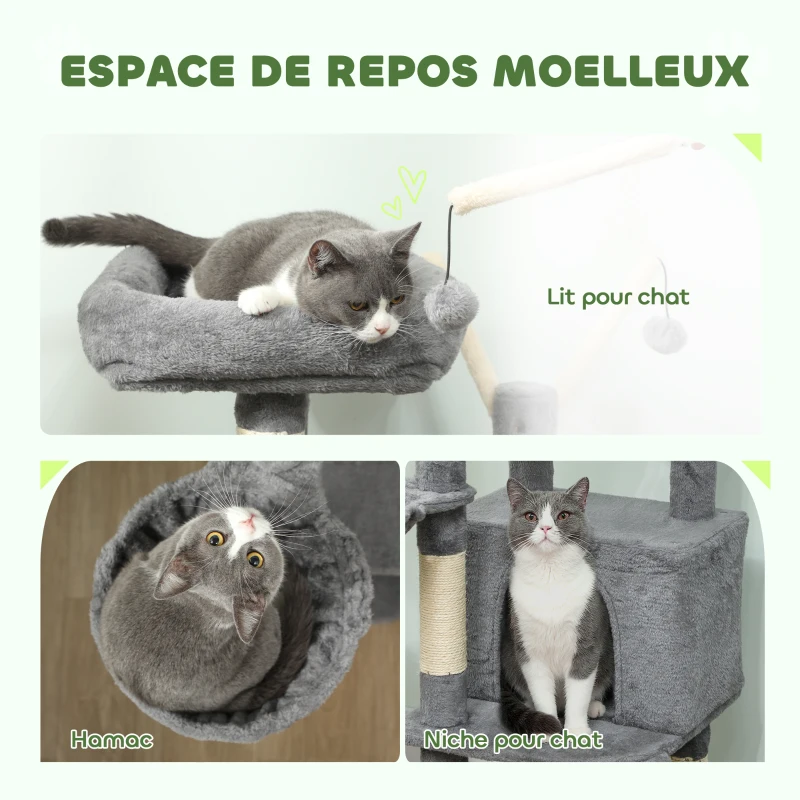 PawHut Arbre à chat tour de jeux pour chats griffoirs et tapis en sisal, plate-forme, niche, hamac, 40,5 x 40,5 x 103 cm, gris