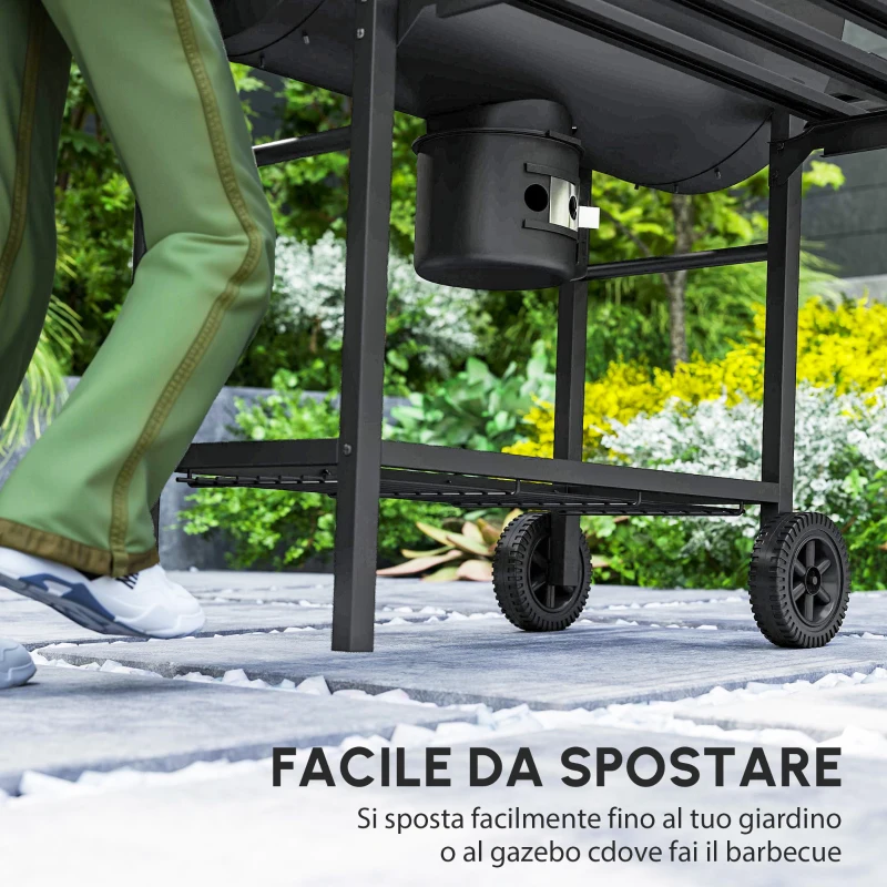 Outsunny Barbecue a Carbone in Acciaio Smoker con Coperchio, Maniglie, Termometro e Ruote, 114x65x95 cm, Nero