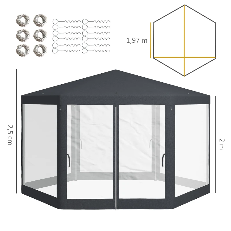 Outsunny Gartenpavillon, 6-eckig, Netzvorhänge, Metallgestell, 3,94x3,412x2,5m, Dunkelgrau