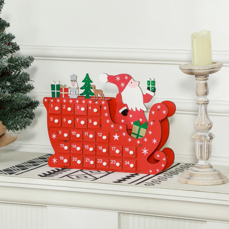 HOMCOM Calendrier de l'Avent à remplir en bois, décoration de Noël avec 24 tiroirs, Père Noël et traîneau, 22,5x8x36cm, rouge