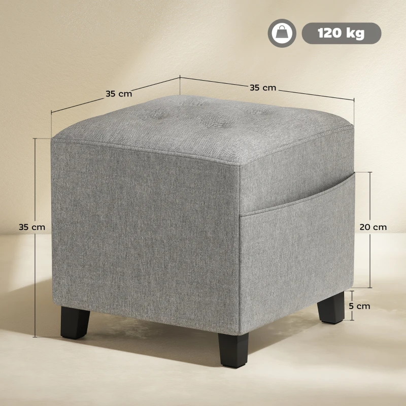 HOMCOM Quadratischer Hocker, kleiner Ottoman mit Seitentasche, Fußstütze aus Stoff in Leinenoptik mit Gummibaumholzbeinen, Hellgrau