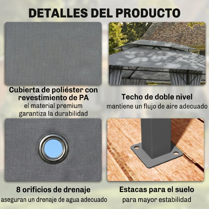 Outsunny Gazebo de Exterior 3x4 m con Paredes Laterales Doble Techo 6 Puertas con Cremallera y 8 Orificios de Drenaje Gris