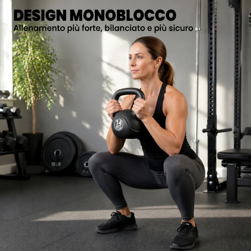 HOMCOM Kettlebell 14kg in Plastica e Sabbia con Base Piatta e Impugnatura, Nero