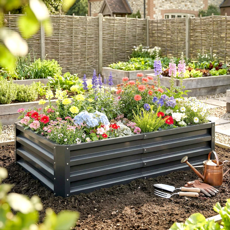 Outsunny Carré potager de jardin rectangulaire tôle d'acier ondulée 120 x 60 x 30,5 cm gris