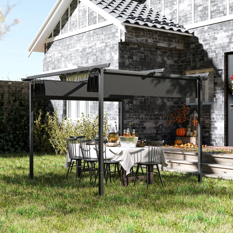 Outsunny 3 x 3 m Garten-Pergola mit verstellbarem Dach, Metallrahmen, UPF30+ Schutz, Sonnendach für Veranda, Terrasse, Dunkelgrau