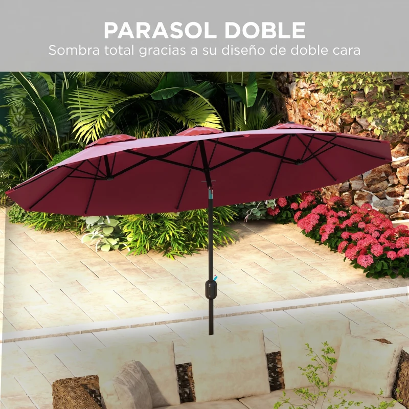 Outsunny Sombrilla Doble de Jardín 295x152x222 cm con Inclinación de 45° y Manivela Manual para Terraza Balcón Piscina Rojo