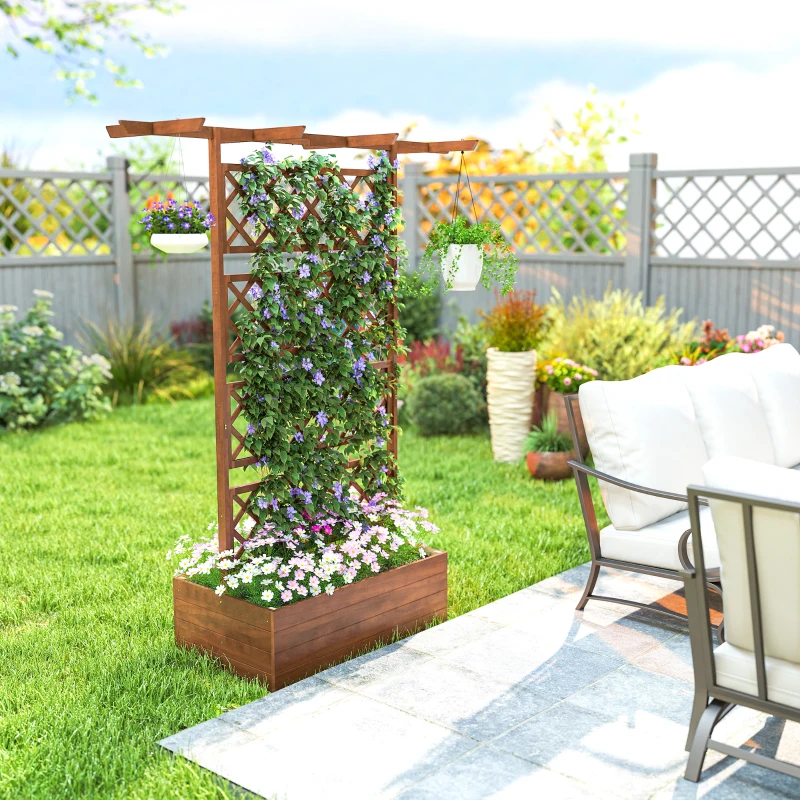 Outsunny Jardinière Surélevée avec treillis et Barres de Toit, bac à fleurs Trous de Drainage, tissu non tissé effet bois naturel