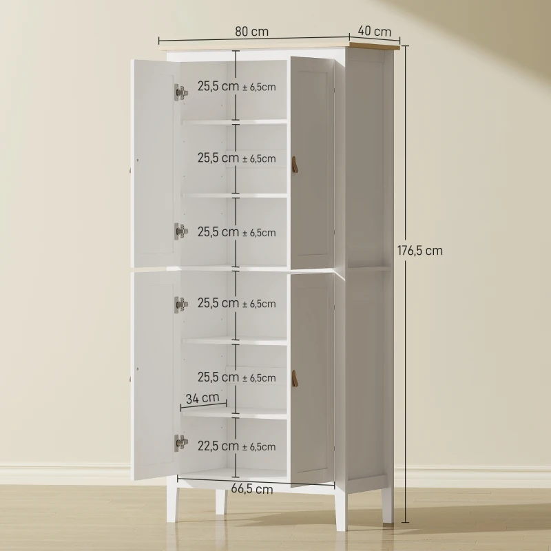 HOMCOM Credenza Cucina Alta 177 cm, Mobile Cucina con Luce LED, Dimmerabile a 3 Colori, Ripiani Regolabili, Bianco