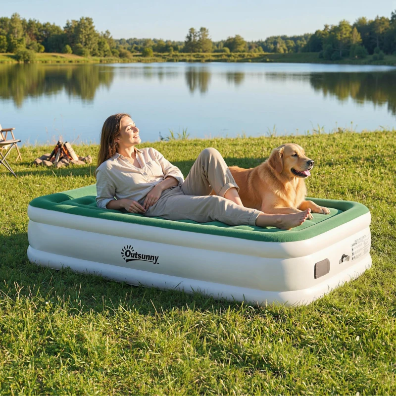Outsunny Inflatable Mattress, Single Air Bed with Built-in Electric Pump, 3 Mins Inflation, Flocked Surface, Dark Green