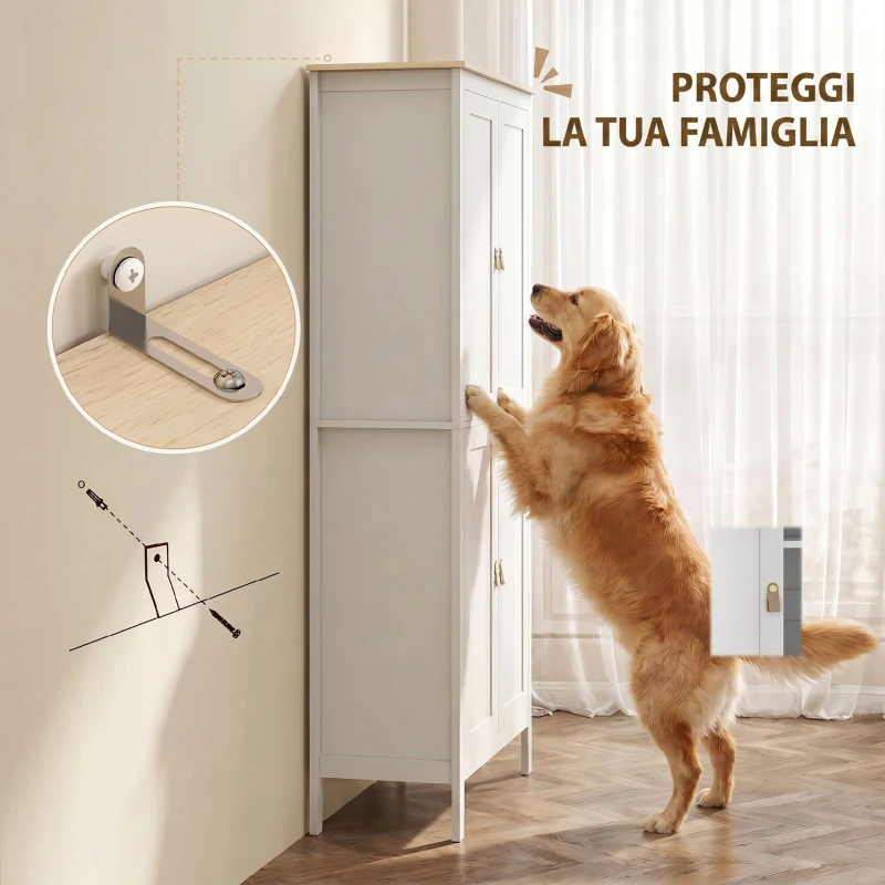 HOMCOM Credenza Cucina Alta 177 cm, Mobile Cucina con Luce LED, Dimmerabile a 3 Colori, Ripiani Regolabili, Bianco