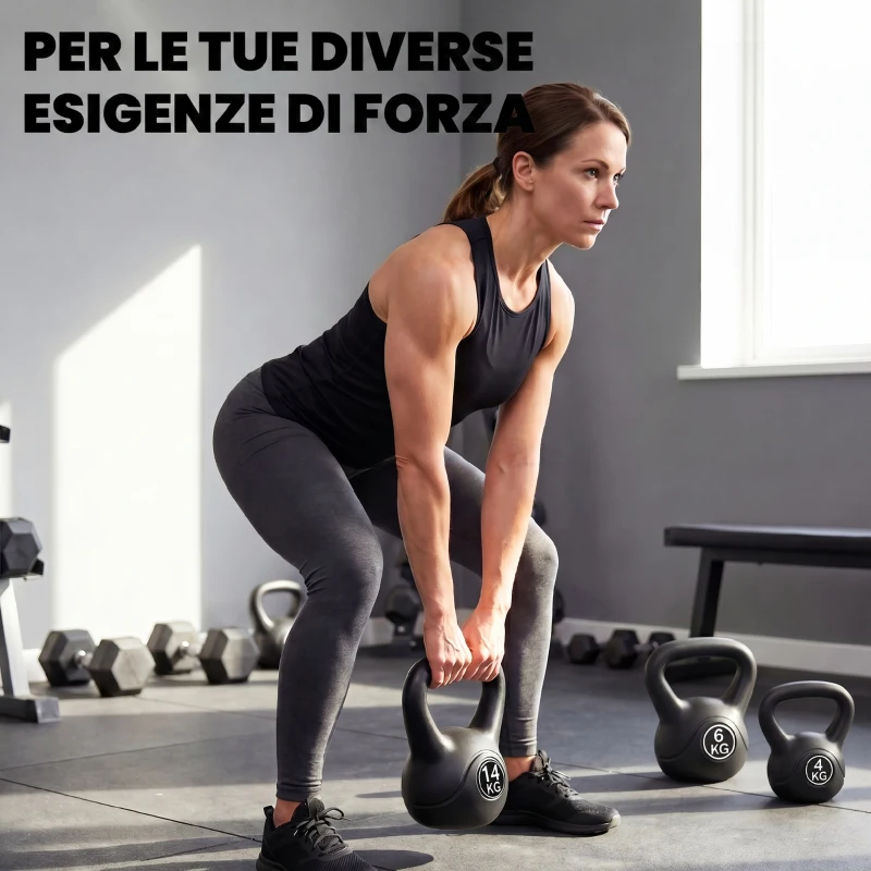 HOMCOM Kettlebell 14kg in Plastica e Sabbia con Base Piatta e Impugnatura, Nero
