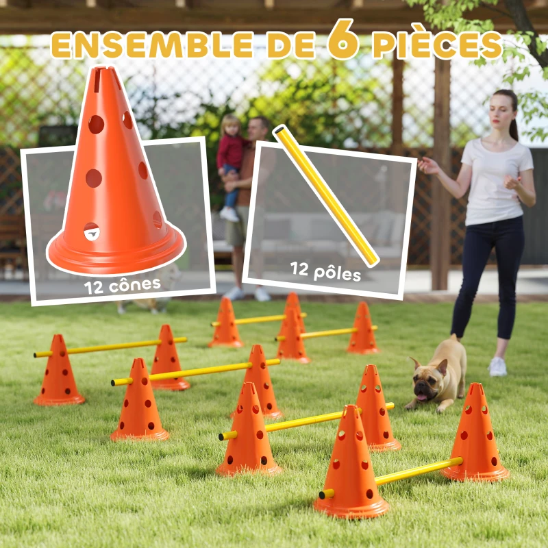 PawHut Ensemble d'Agilité pour Chien 6 Pièce, Parcours d'Obstacle hauteur réglable avec Sac de Transport, Orange