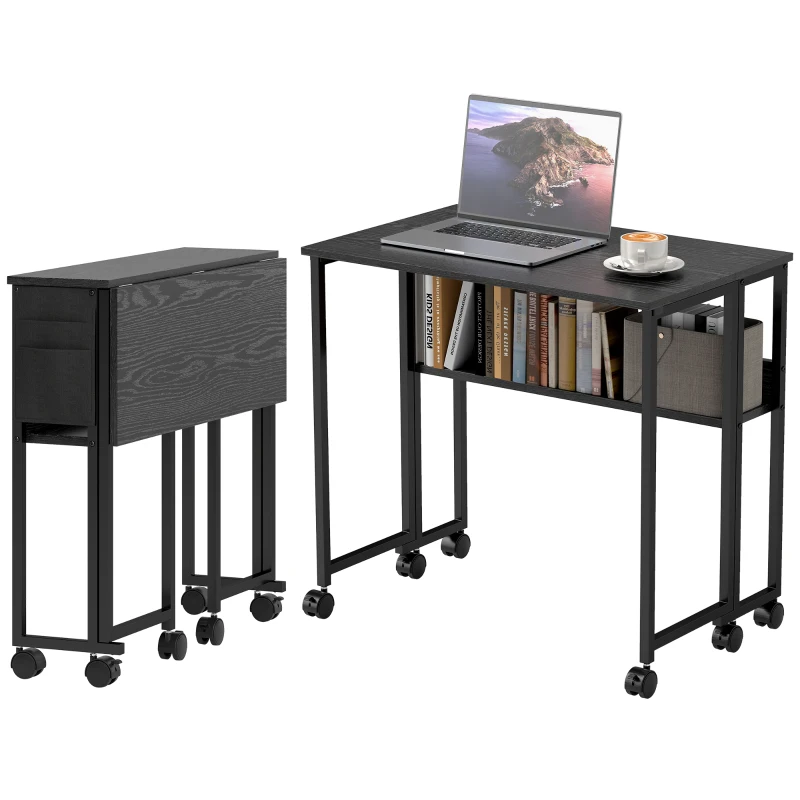 HOMCOM Bureau pliable sur roulettes 80 x 50 cm avec étagère et sac de rangement, noir