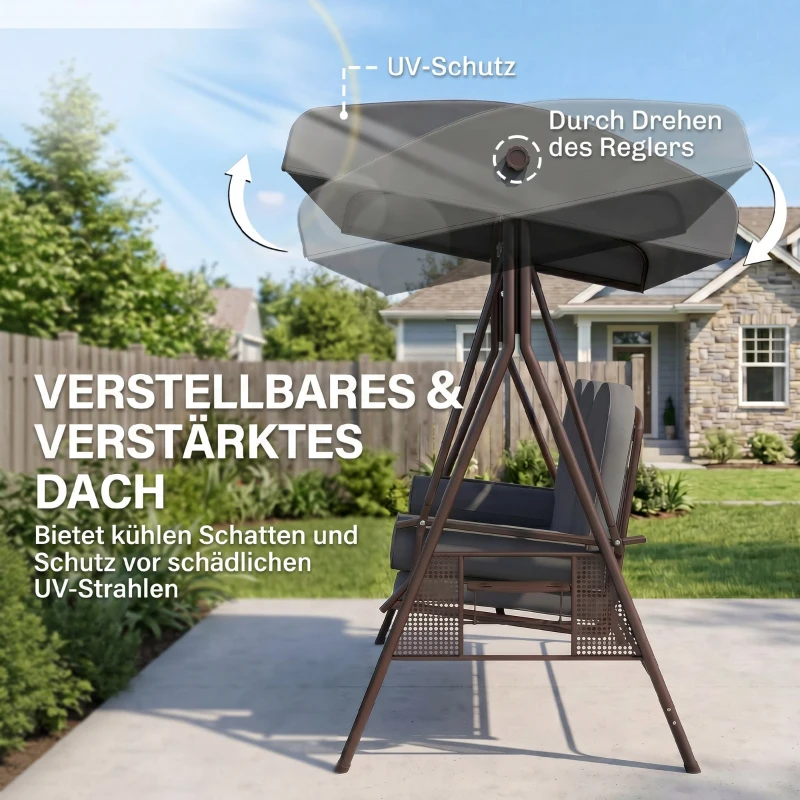 Outsunny Hollywoodschaukel 3-Sitzer Gartenschaukel mit Sonnendach Tablett Sitzauflage  bis 360kg Dunkelgrau