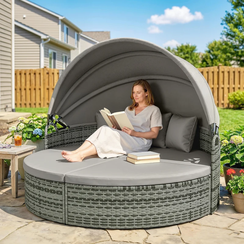 Outsunny Bain de soleil rond, lit de jardin extérieur modulable 3 PSC en résine tressée avec auvent rétractable, gris clair