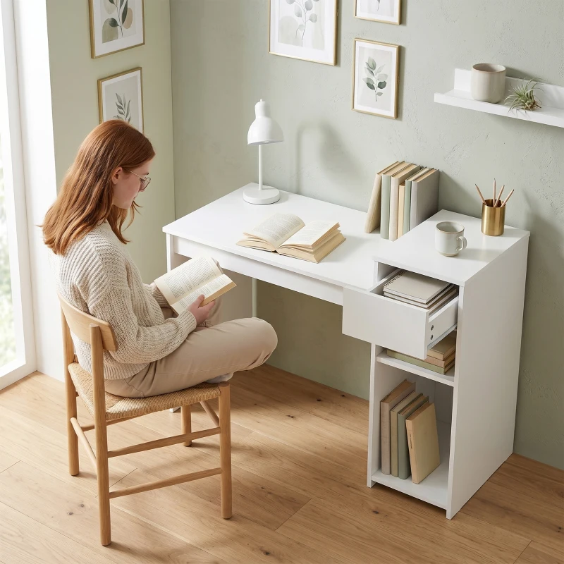 HOMCOM Escritorio para Ordenador con Cajón y Estantería Escritorio con Soporte para Unidad Central 108x50x82 cm Blanco