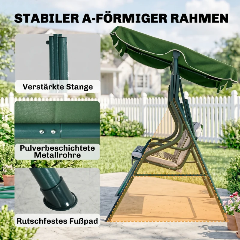 Outsunny Balancelle de Jardin 3 Places Toit imperméabilisé Inclinaison réglable Coussins Assise Dossier Vert Blanc rayé