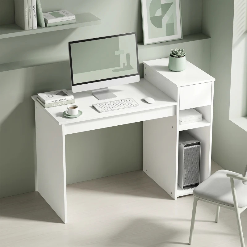 HOMCOM Escritorio para Ordenador con Cajón y Estantería Escritorio con Soporte para Unidad Central 108x50x82 cm Blanco
