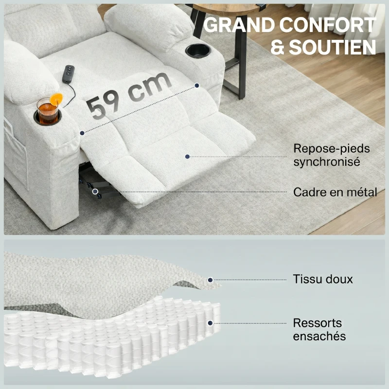 HOMCOM Poltrona Relax Elettrica Reclinabile 150° con Poggiapiedi, Funzione Memory, Telecomando, in Velluto, Crema